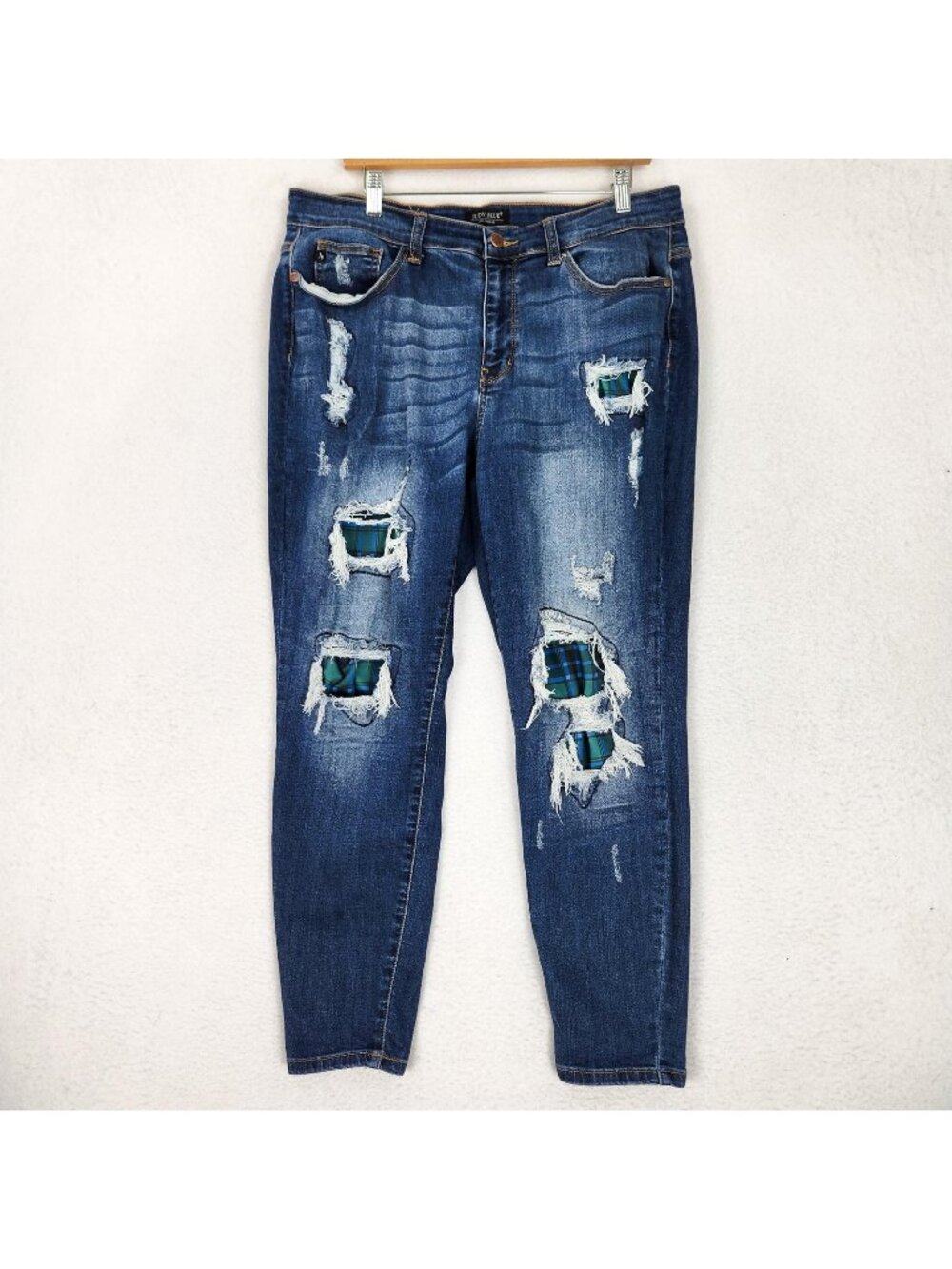 Judy Blue Jeans Womens 18W Blue High Rise Skinny Distressed Green Plaid Patch